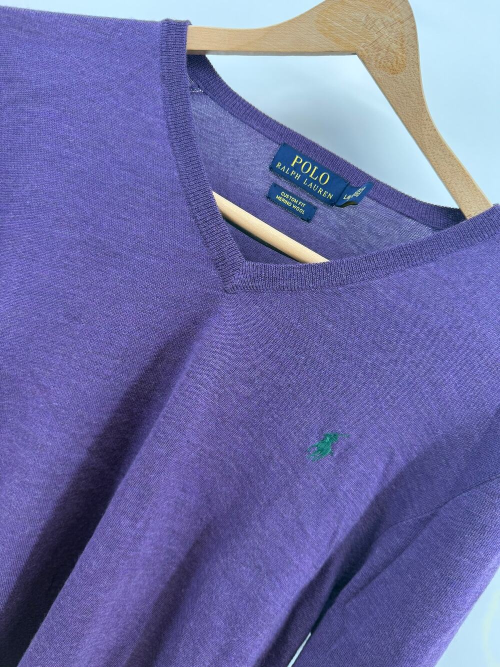 Vintage Polo Ralph Lauren Purple V-Neck Merino Wool Knit Sweater Men's L